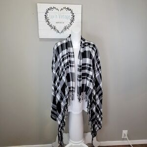 Cato‎ Plaid Open Front Shirt Jacket Cardigan Fringe Black White Womens Size L